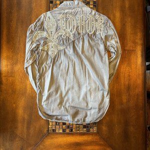 ROAR Men's Med Gray Embroidered Distressed Long Sleeve Button Shirt